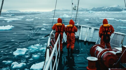 Arctic research expedition with scientists observing melting icebergs from a ship