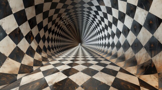 A tunnel with a checkered pattern on the floor, AI