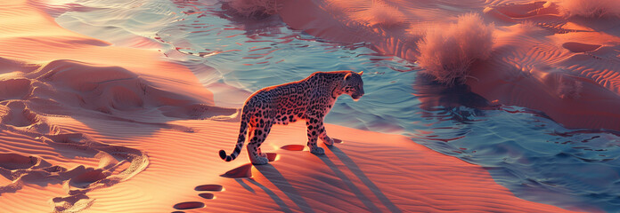 A panther on a river, landscape  in the style of futuristic surrealism - obrazy, fototapety, plakaty