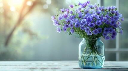   A vase brimming with purplish blossoms atop a wooden table beside another vase holding similar flora - obrazy, fototapety, plakaty