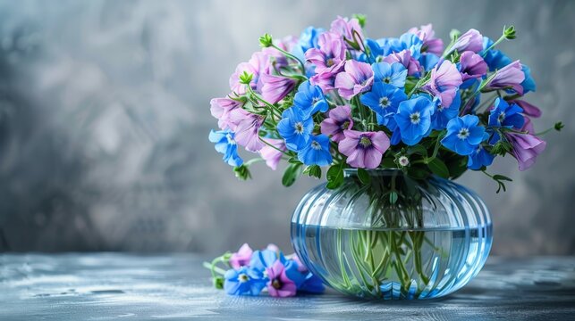   A vase brimming with purple & blue blooms sits atop a table, beside another glass vase filled with the same hues