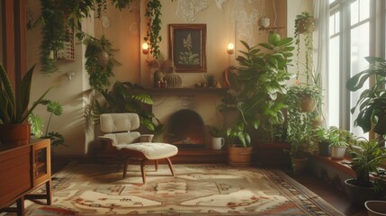 A living room with a fireplace and lots of plants, AI
