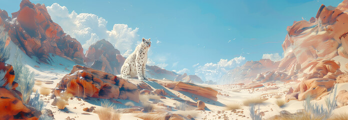 A panther in a desert, landscape  in the style of futuristic surrealism - obrazy, fototapety, plakaty