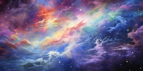 night sky ablaze with an iridescent display of deep space wonders. Glowing clouds of cosmic dust and gas create a mesmerizing tapestry of colors, shifting  - obrazy, fototapety, plakaty