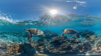 Two turtles swimming in a coral reef with the sun shining, AI