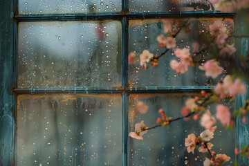 A window with raindrops on it and a tree with pink flowers in the background