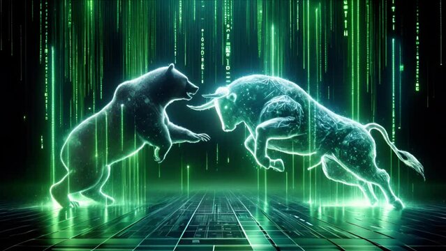 Holographic bear and bull figures, crafted from Matrix-style code, engage in a titanic digital duela