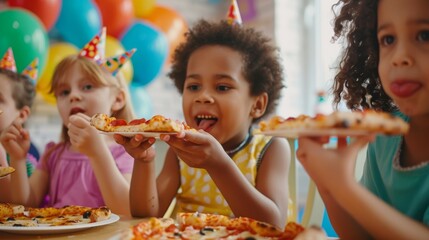 Cheerful children enjoying a pizza party with colorful balloons