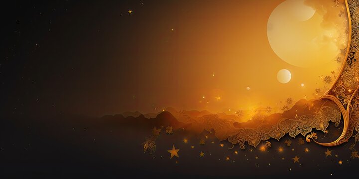 radiant Ramadan Kareem banner design showcasing a gleaming golden crescent moon. The moon shines brightly against a rich background, exuding warmth and spirituality. 