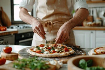 Expert chef garnishing pizza with fresh ingredients in a kitchen setting