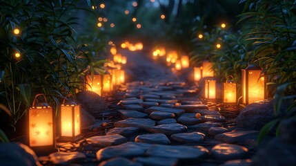 Footstones lined with flickering lanterns at night