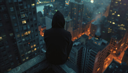 a man sitting on the rooftop of a building in the night