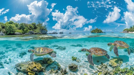 Three turtles swimming in the ocean near a coral reef, AI