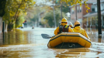 Flood response team navigating through submerged streets on a rescue boat