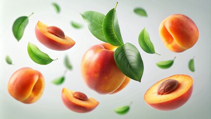 Peaches with lush green leaves falling gracefully against a white backdrop. Slices of peach fly in a blurred dance, adding a touch of whimsy.
