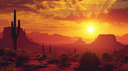 Vibrant Sunset Silhouettes Against Desert Backdrop