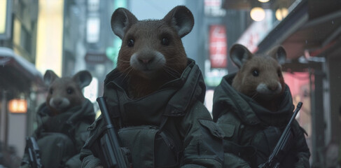 Three rats in military gear with guns walking down a street, AI