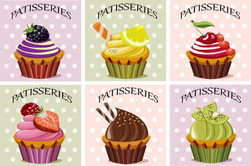 A set of illustrations with cupcakes.Vector set of color illustrations with sweet cupcakes with decor.
