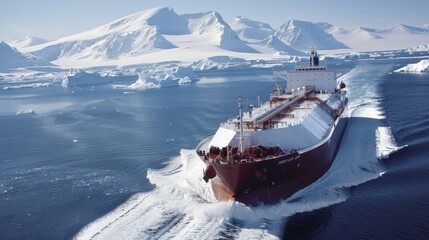 Ice-class LNG tanker navigating through Arctic waters amidst glaciers - obrazy, fototapety, plakaty