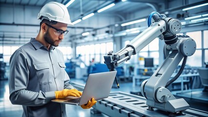An automation engineer utilizes a laptop to program a robotic arm within a factory setting, embodying the essence of the automatic manufacturing industry concept. - Powered by Adobe