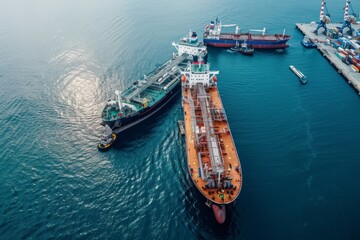 Aerial view of an LNG bunkering operation between two ships at sea