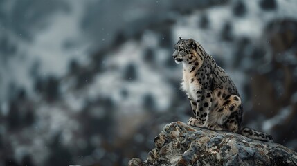 A snow leopard sitting on a rock in the mountains