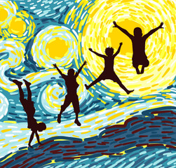 jumping happy children. Abstract beautiful blue and yellow background. hand drawing. Not AI, vector illustration