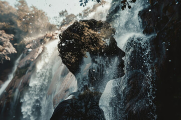 A man is standing in front of a waterfall - obrazy, fototapety, plakaty