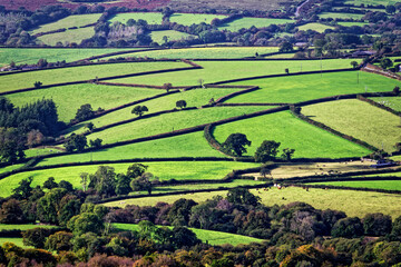 Dartmoor National Park landscape near Widecombe aka Widecombe in the Moor village seen from east of Top Tor, Devon England. Farm fields below moorland