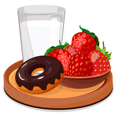 Glass of milk with chocolate donut and strawberries