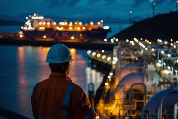 Industrial worker overlooking a gas terminal with illuminated ships at night