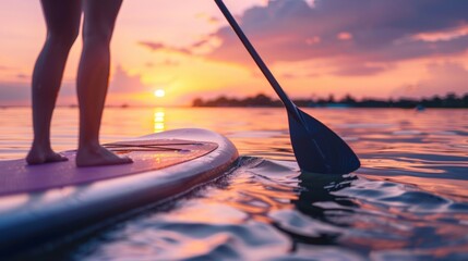 Serene paddleboarding at sunset, individual enjoying tranquil water sports