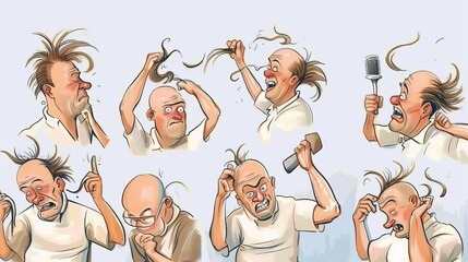 An illustration of a man with alopecia trying various funny and ridiculous ways to solve his hair loss problem, which is intended to lift the spirits and show laughter as a means of self-help. --no - obrazy, fototapety, plakaty