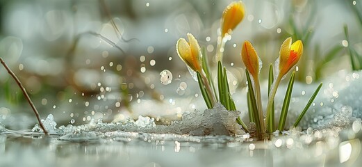 Colorful macro photo of beautiful spring flowers growing from under the snow
