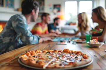 Friends gathering for a casual pizza and board game night at home