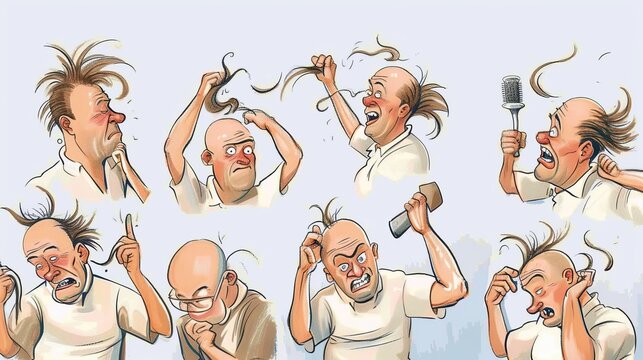 An illustration of a man with alopecia trying various funny and ridiculous ways to solve his hair loss problem, which is intended to lift the spirits and show laughter as a means of self-help. --no