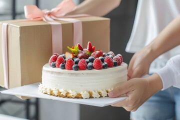 Joyful moment of receiving a delicious birthday cake with fresh berries