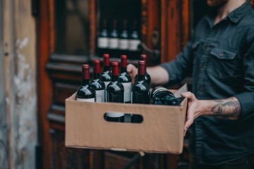 Man delivering a selection of vintage wines carefully in a wooden crate