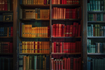 A large bookcase filled with books of various colors and sizes - obrazy, fototapety, plakaty