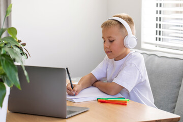 A cute boy is studying at an online school. The concept of education.