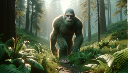 An image of Bigfoot walking quietly through a dense green forest. The expression on Bigfoot's face is calm. but mysterious, and its massive form partially hidden by foliage. - obrazy, fototapety, plakaty