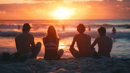 Friends enjoying a serene sunset on the beach while watching surfers