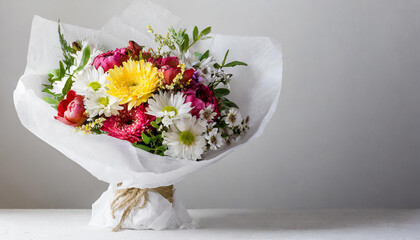 Fresh lush bouquet of colorful flowers in white tissue paper, holiday greeting floral element