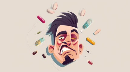 A cartoon illustration of a drug dealing man, with exaggerated facial features and symbolic attributes of drug addiction, on a simple minimalist background. --no text, titles --ar 16:9 --quality 0.5 - - obrazy, fototapety, plakaty