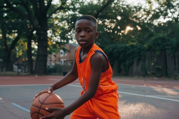 Young athlete practicing basketball dribbling on an outdoor court at sunset