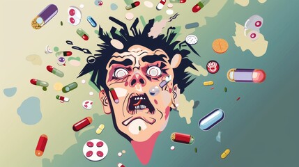 A comic illustration of a man under the influence of drugs, with exaggerated and distorted facial features and drug addiction symbols, on a simple minimalist background. --no text, titles --ar 16:9 - - obrazy, fototapety, plakaty
