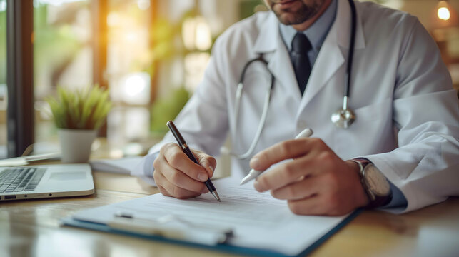 Cropped image of general practitioner filling planner when working at desk in medical office
