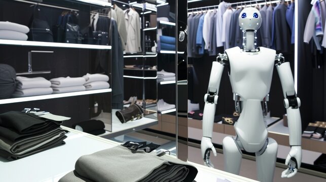 view of a photo of a dressing room with a robotic personal stylist who analyzes the user's preferences and recommends personalized fashion looks and purchases based on his style and preferences, with