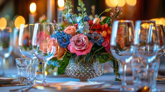 Table With Glass Vases and Flower Arrangements