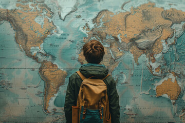 A man with a backpack is looking at a map of the world